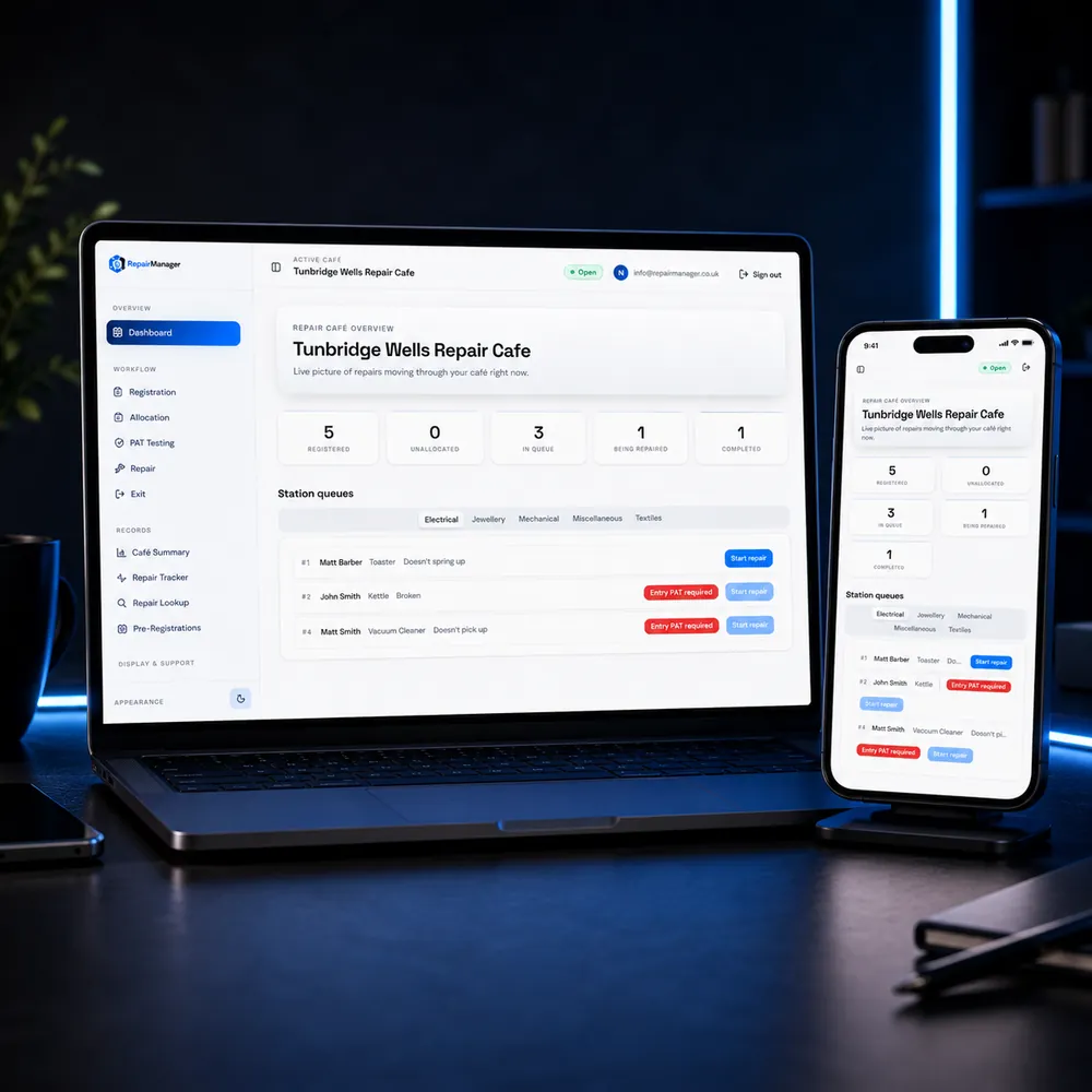 RepairManager website shown on a laptop and mobile screen